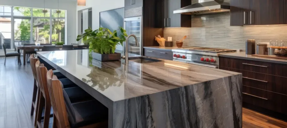 marble kitchen island with wooden chairs and kitchen sink in the center